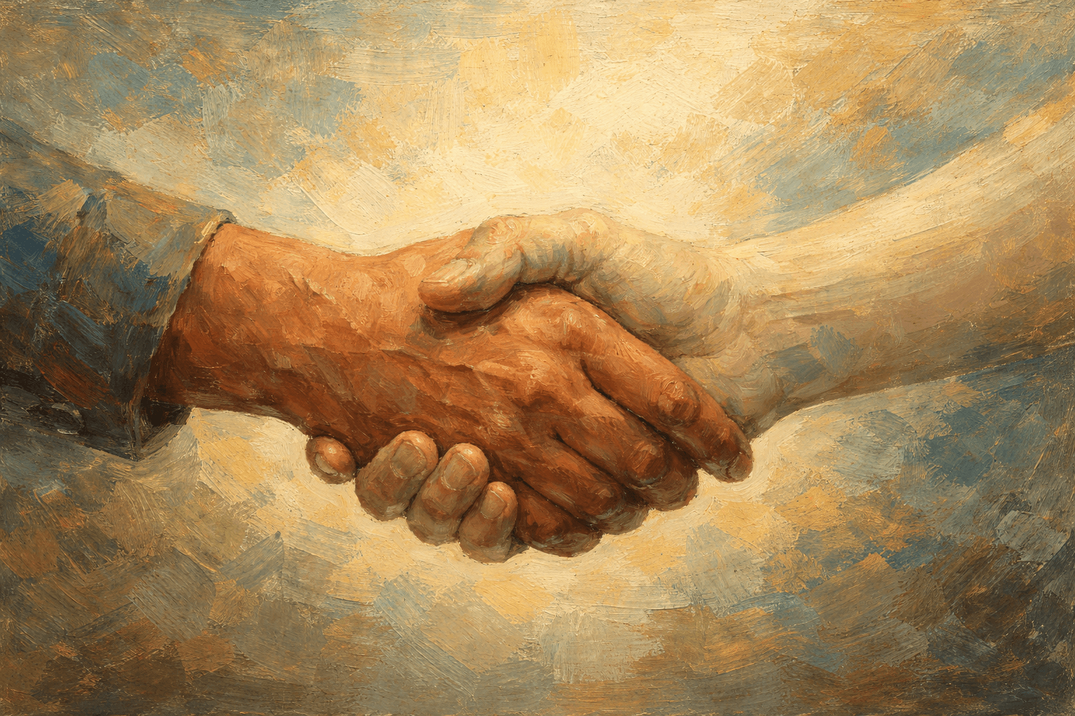 Gemaltes Motiv zweier Hände mit unterschiedlicher Hautfarbe, die sich in einem festen Händedruck begegnen. Symbol für Vertrauen, Partnerschaft und menschliche Verbindung.