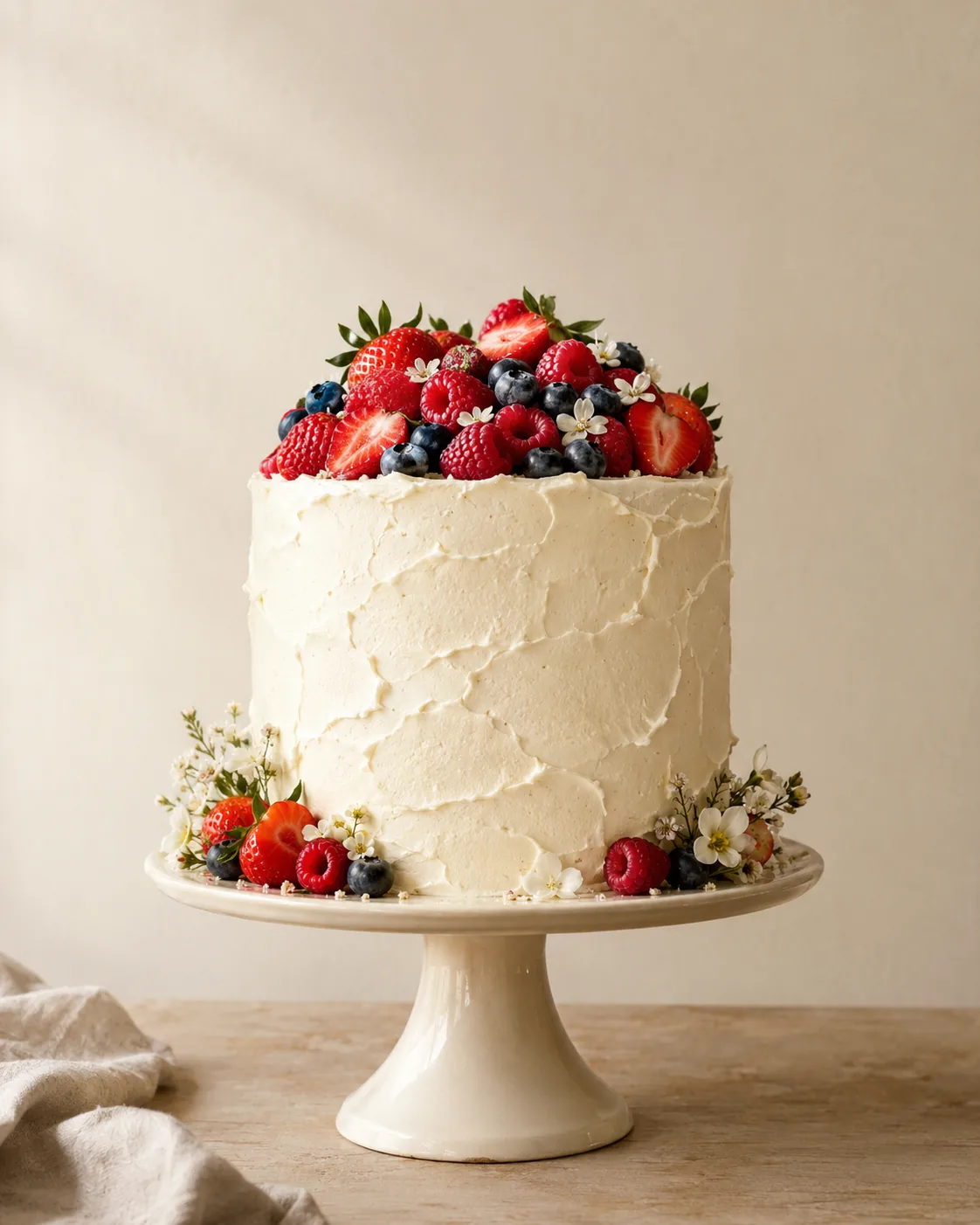 Tall white celebration cake crowned with fresh berries on a cream cake stand