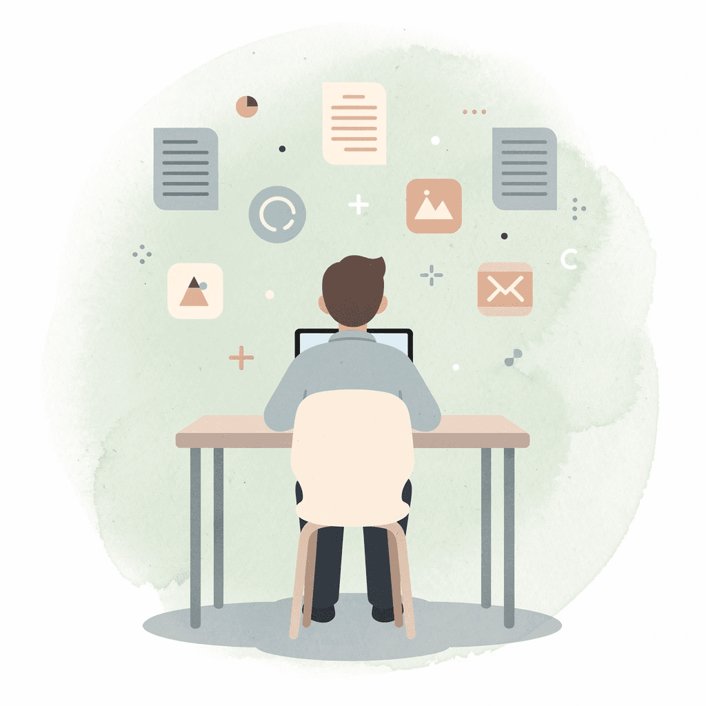 Person at desk setting up data imports in a spreadsheet with floating UI elements
