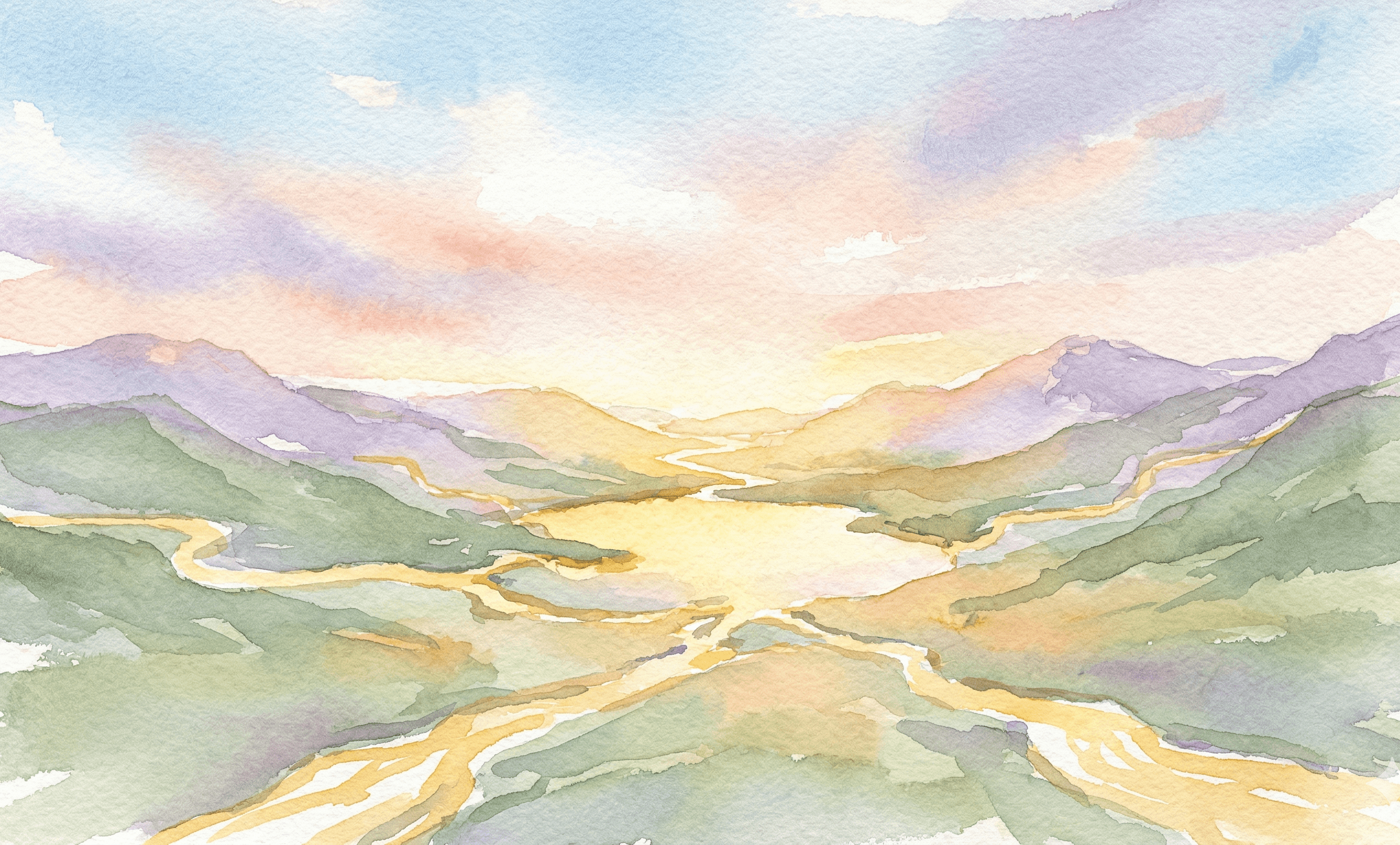 Watercolor golden rivers converging into a luminous lake surrounded by hills
