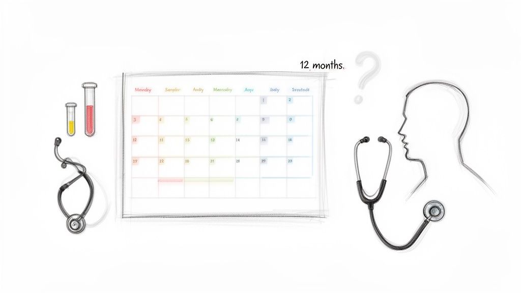 Sketch of medical equipment, a calendar showing 12 months, and a human profile with a stethoscope, suggesting health check-ups.