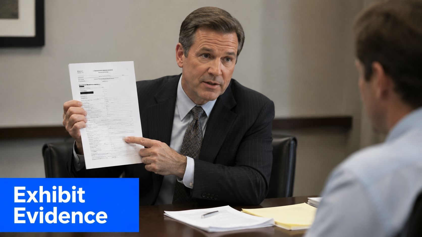 A professional lawyer holding a legal document while pointing to evidence during a courtroom cross-examination meeting.