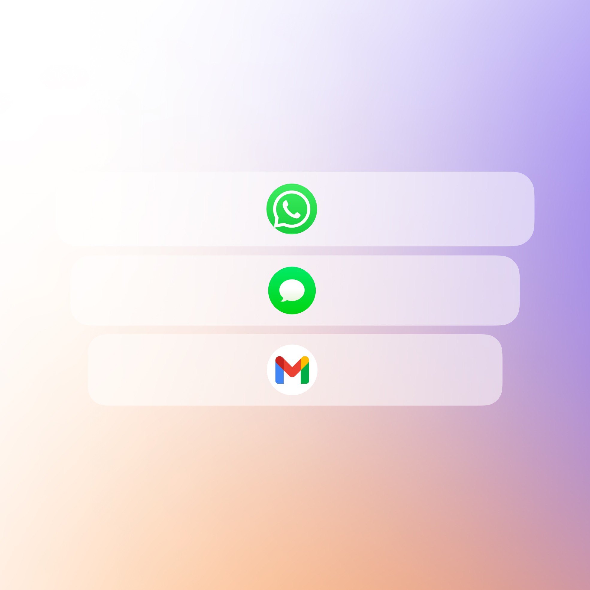 Imagem exibindo três opções de comunicação em uma interface: WhatsApp no topo, Mensagens (SMS ou iMessage) no meio e Gmail na parte inferior.