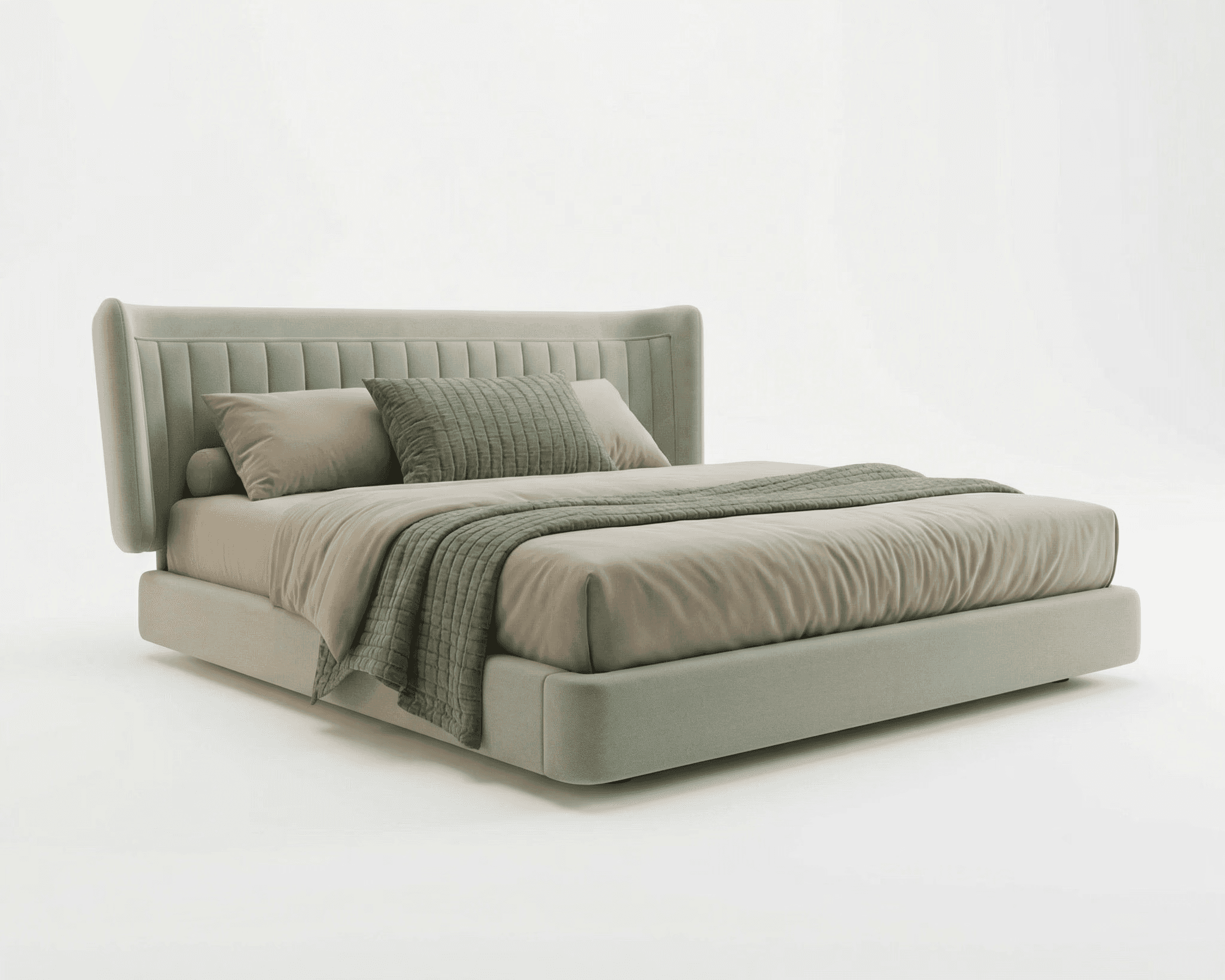 Contemporary bed with extended headboard, subtle piping, and low‑profile base