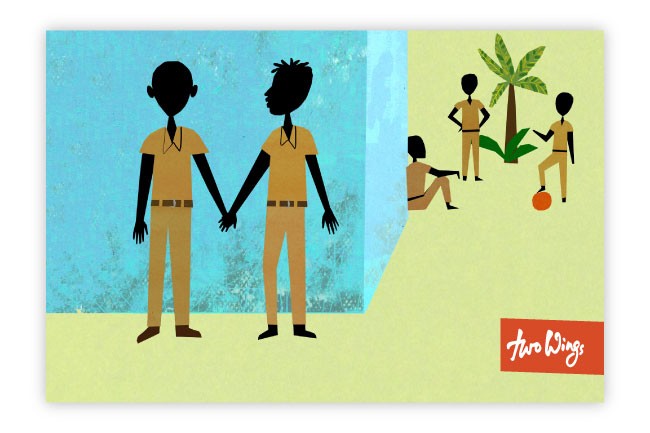 Two black silhouettes stand side by side against a light blue background, holding hands. To the right, a small group of black silhouettes is visible: one seated, one standing near a palm tree, and another playing with a ball. The text "Two Wings" is written in red in the bottom right corner.
