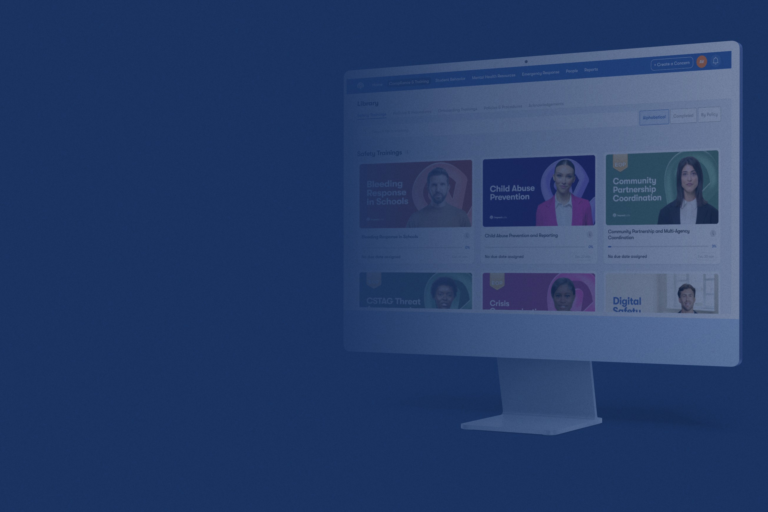 An image showing a computer that is showing the Imapct Suite software and the safety trainings page. 