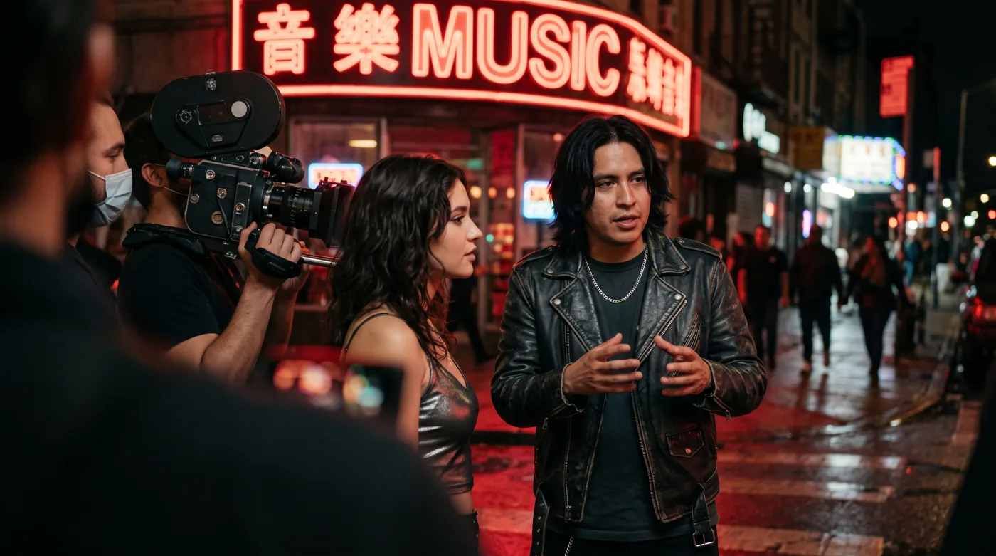 A music video shoot on a neon street at night