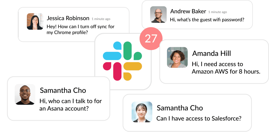 An image of the Slack icon surrounded with avatars with example questions that Risotto can answer.