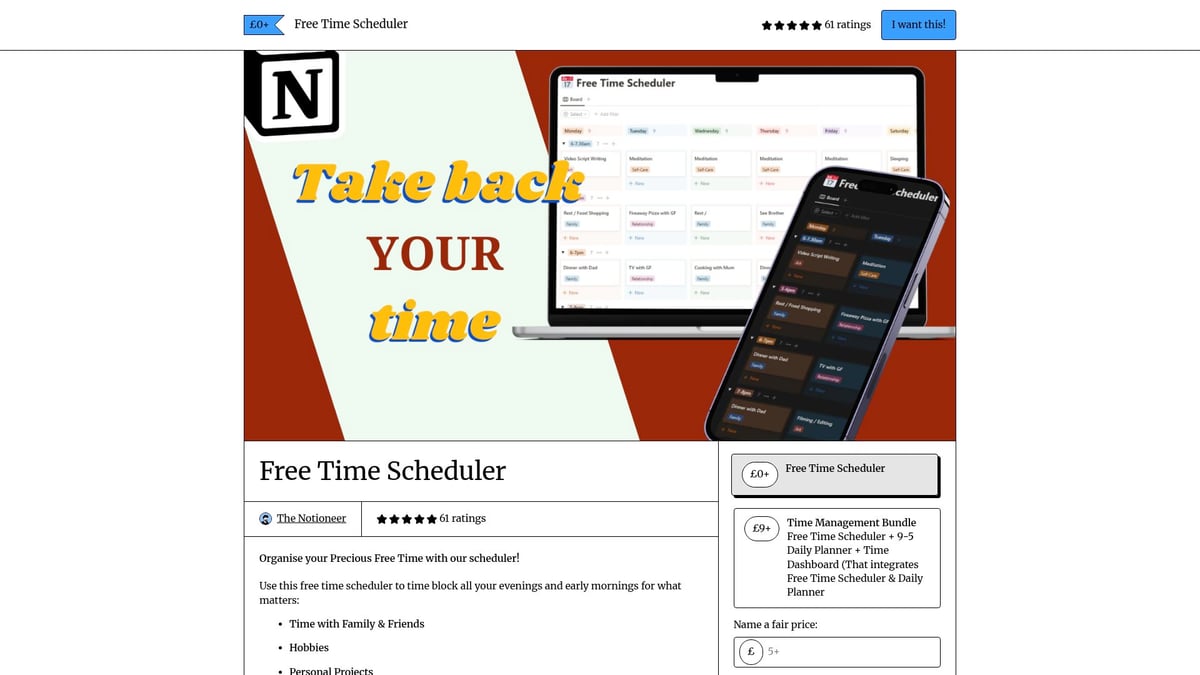 12 Notion Free Templates to Supercharge Your Workflow in 2025 - Free Time Scheduler by The Notioneer