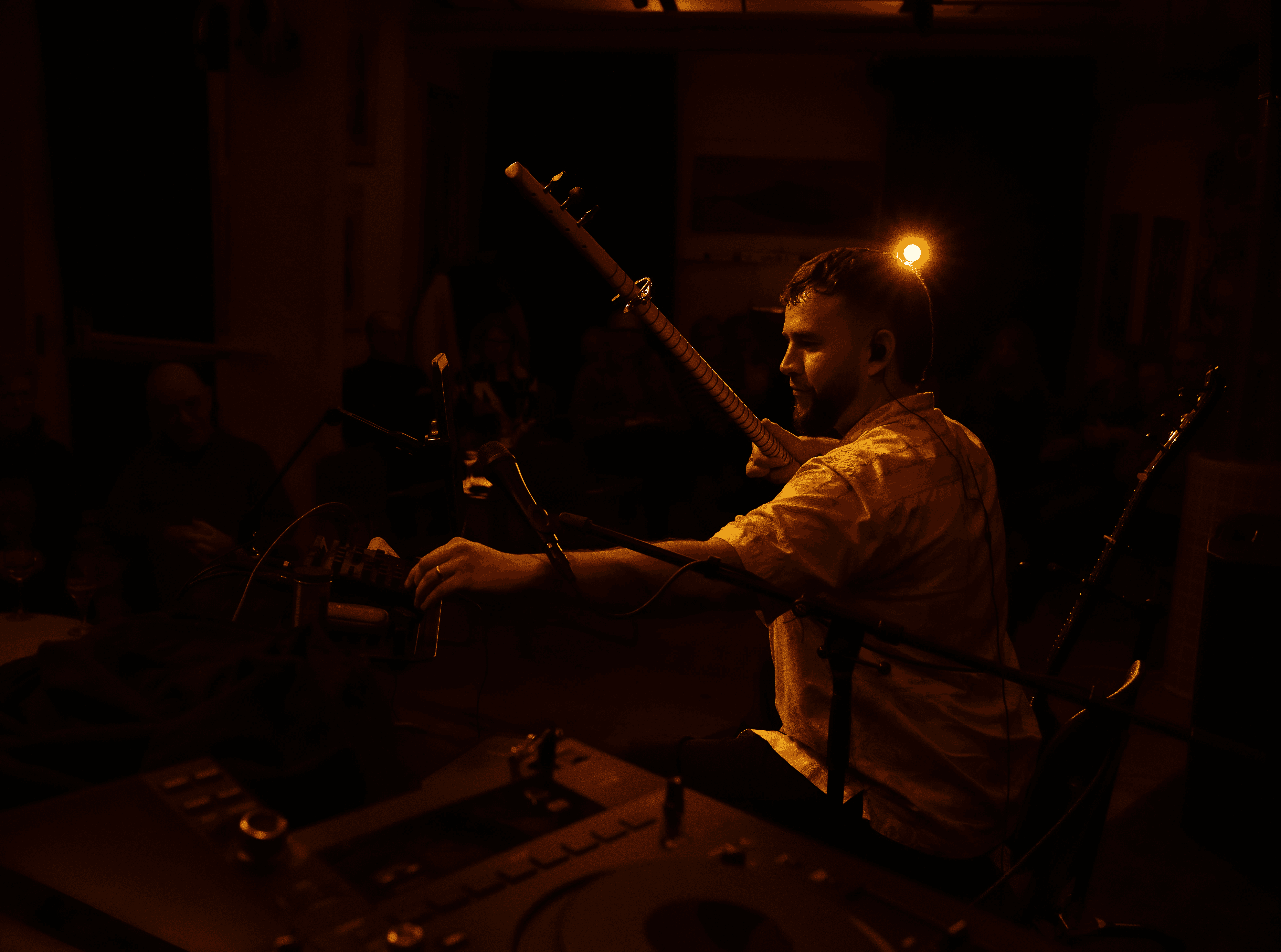Surreal portrait of man with kaleidoscope effect and neon lighting