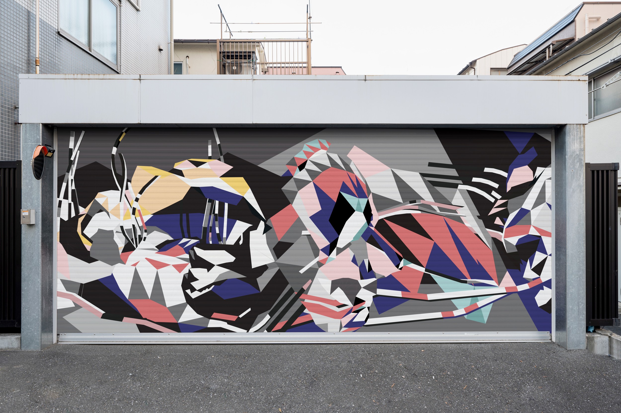 Mural on a garage door of Carefully balanced color and form in dynamic, abstract patterns by Alex H