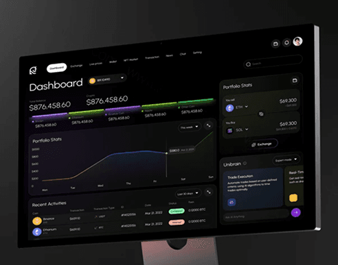 Artonest AI product design dashboard featuring real-time crypto portfolio stats and Unibrain AI trade execution interface on a desktop monitor. 