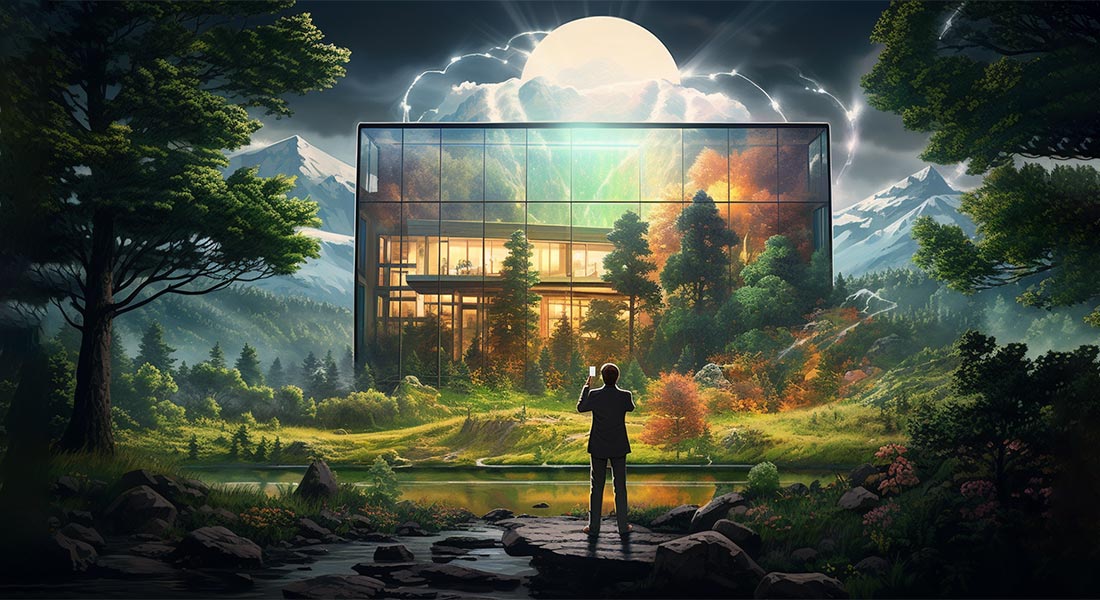 Zakenman in de natuur ziet een projectie van een gebouw