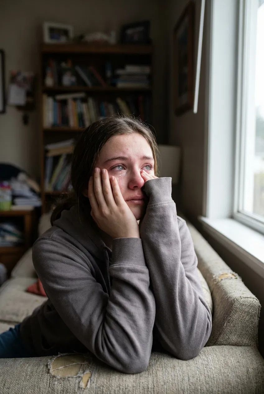 Real teenage girl crying