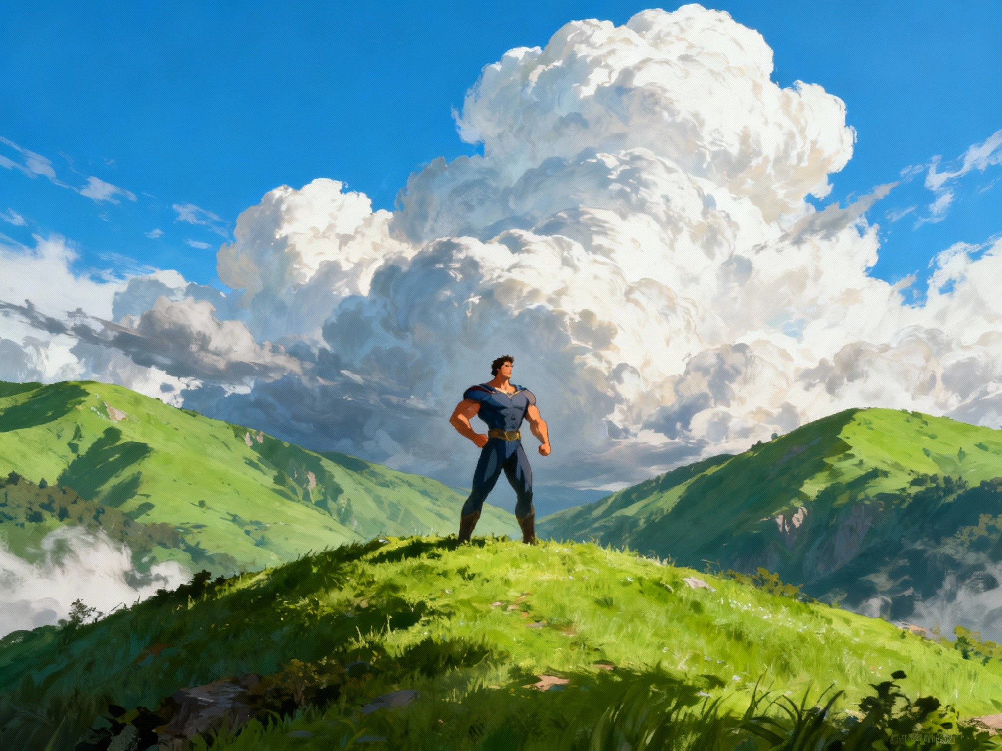A heroic figure stands in a powerful pose on a grassy hill under a bright midday sky, framed in a to