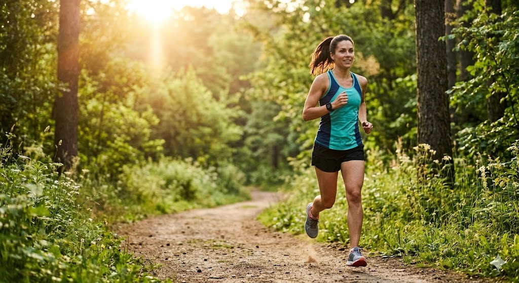 A woman with a ponytail in athletic wear running on a dirt trail through a lush green forest with warm, golden sunrise light filtering through the trees.