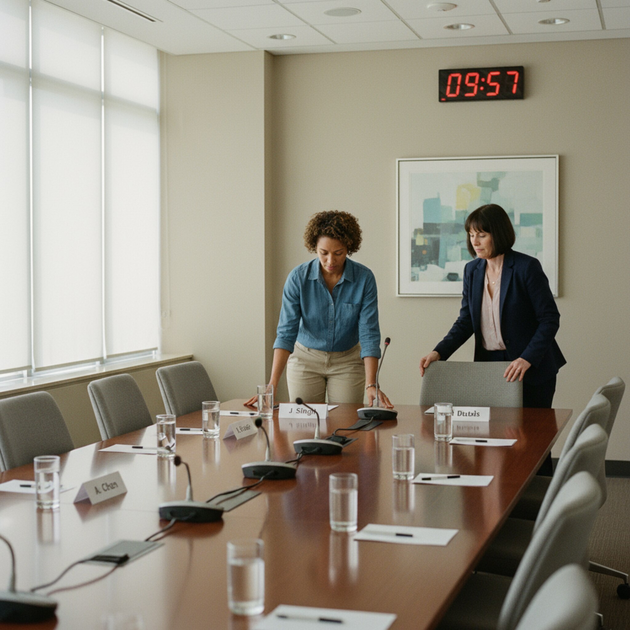 Ein Konferenzraum mit geordnetem Tisch, Wassergläsern und kleinen Namensschildern. Ein Mitarbeitender prüft die Mikrofone, eine Kollegin richtet die Stühle aus. Eine digitale Uhr an der Wand zeigt kurz vor Beginn. Die Atmosphäre ist ruhig, konzentriert und bereit für eine Sitzung.