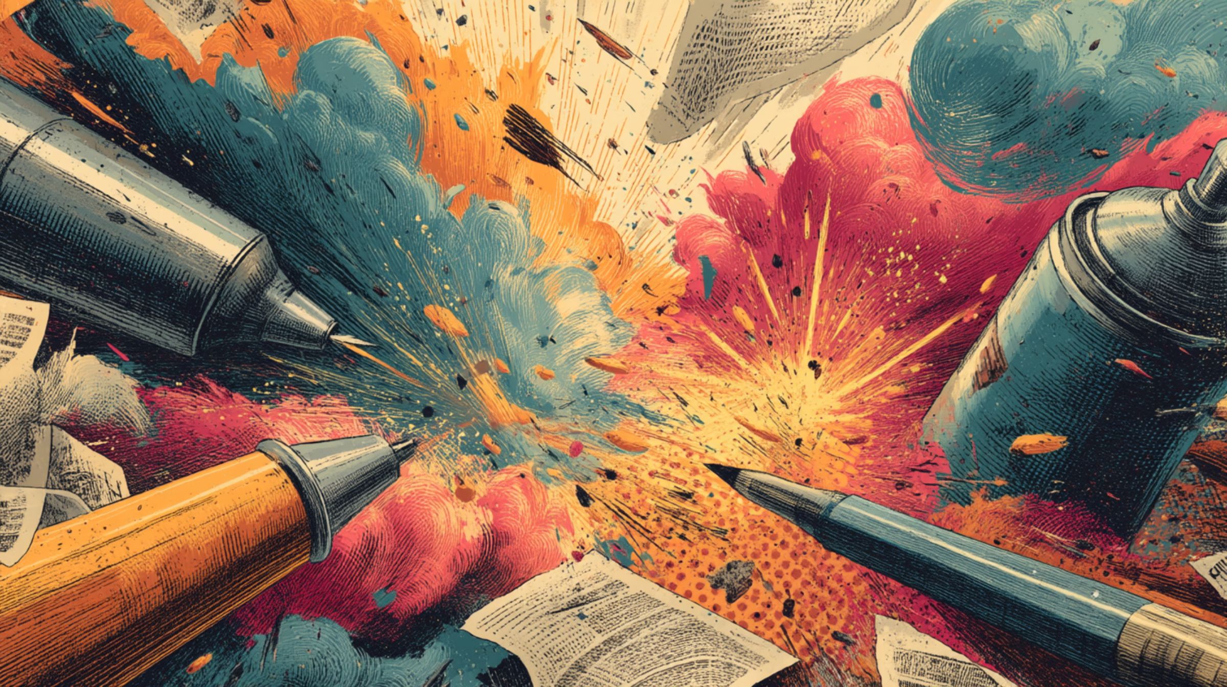 Creative tools collide midair — spray cans, pens, and styluses bursting in a print-colored explosion of ink, grit, and motion.