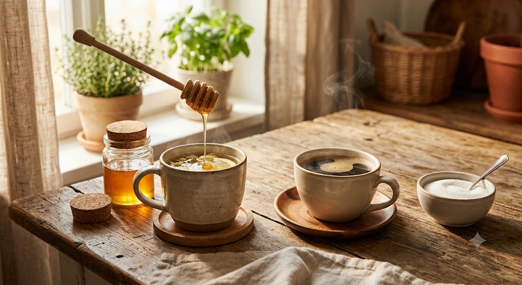 A warm morning kitchen scene on a rustic wooden table, featuring a cup of tea with raw honey dripping from a wooden dipper and a cup of black coffee. Next to the tea is a small bowl of white sugar, illustrating a healthy choice of honey over refined sugar. Soft natural light streams from a window with potted herbs.