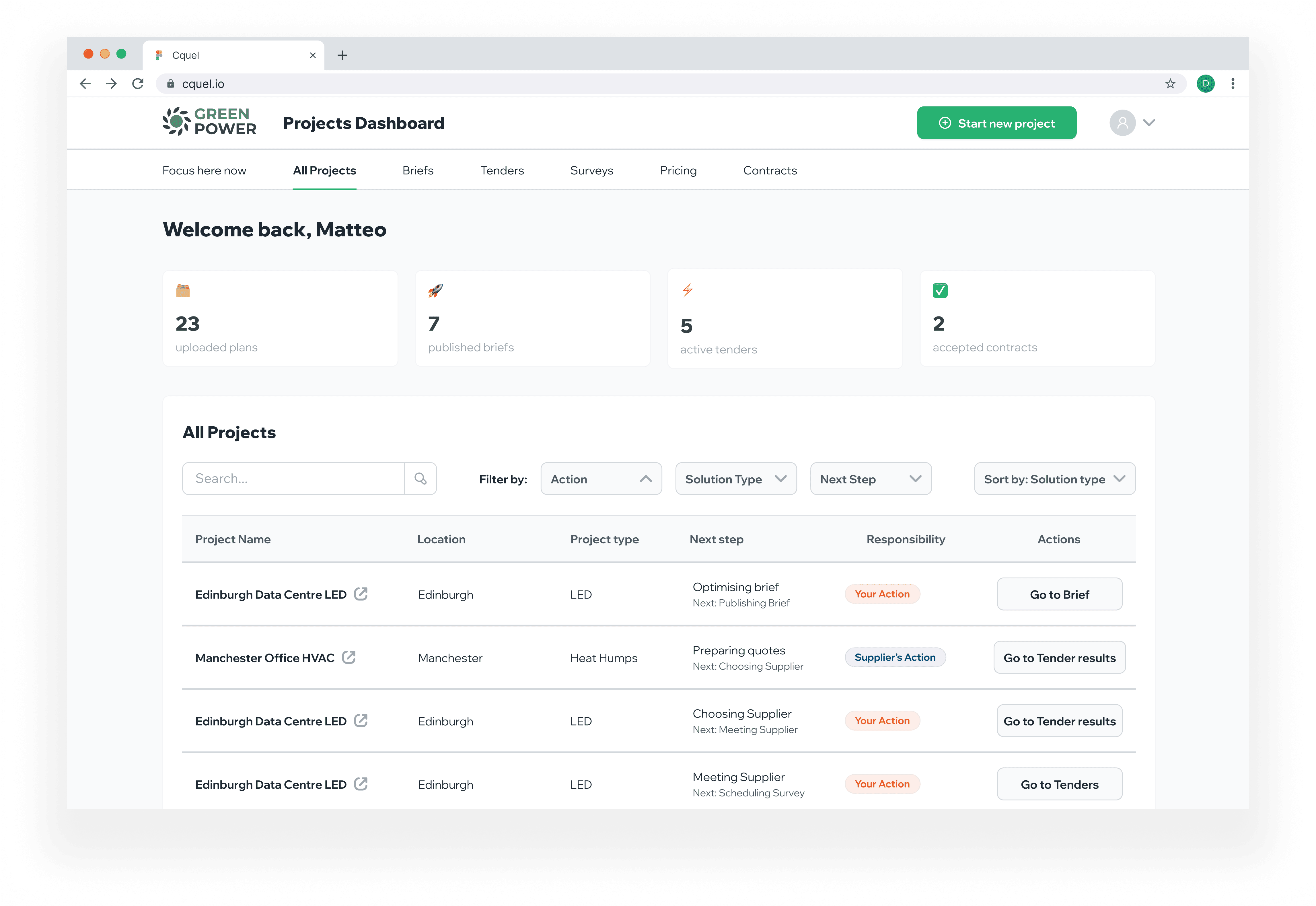 All Projects dashboard showing 23 uploaded plans, 7 published briefs, 5 active tenders, 2 accepted contracts with project table displaying next steps and responsibility assignments