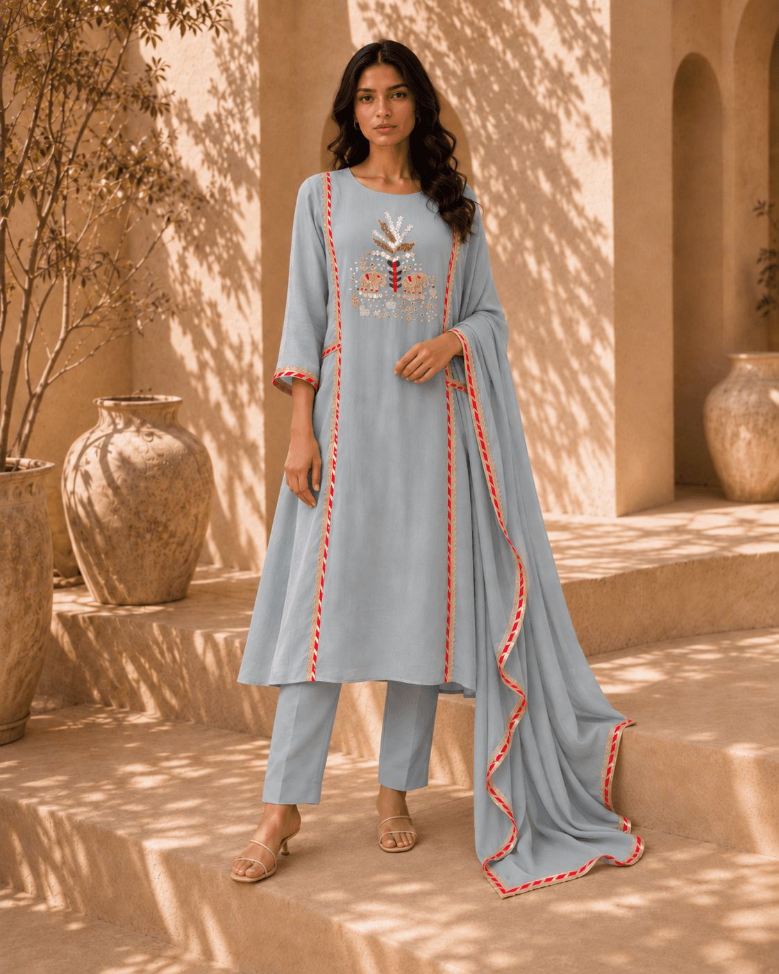 Bluish grey elephant embroidery suit primary image
