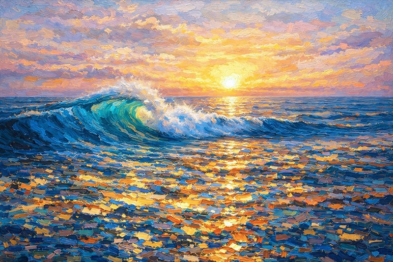 A bright painting of a sunset over the ocean with a big wave