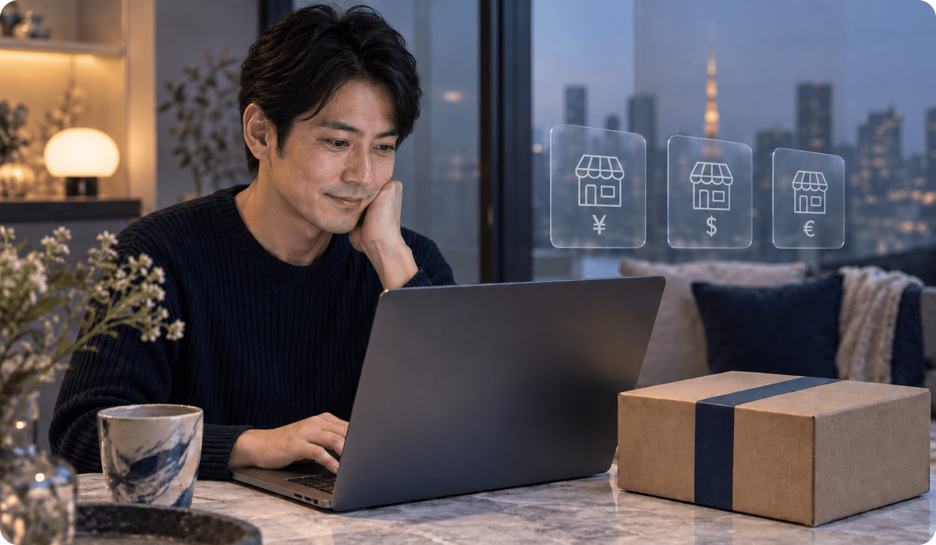 ノートパソコンを操作する日本人男性と、円・ドル・ユーロの通貨記号を伴う3つの店舗アイコン