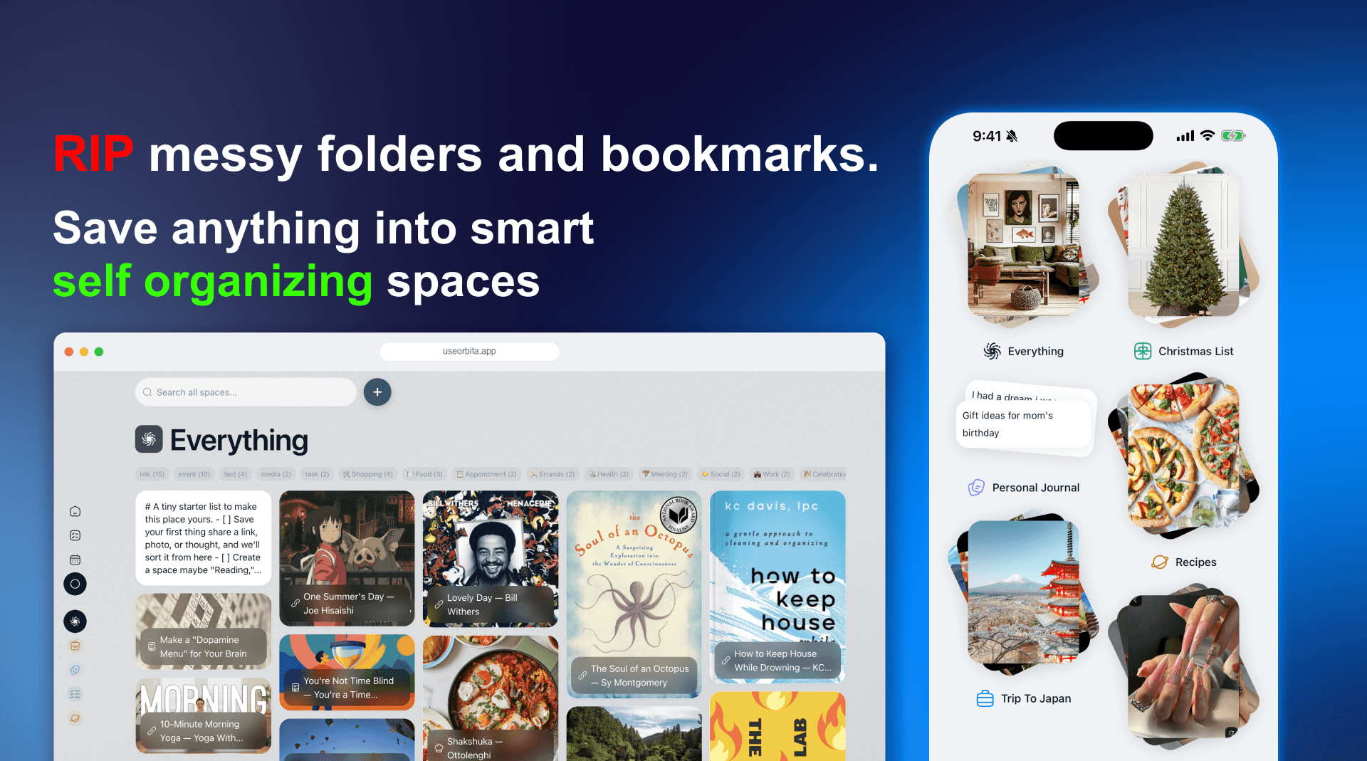 Orbita desktop app showing the Everything view: saved links, notes, tasks and media auto-sorted into one browsable space.