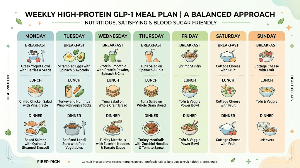 Weekly GLP-1 meal plan with high protein recipes for weight loss