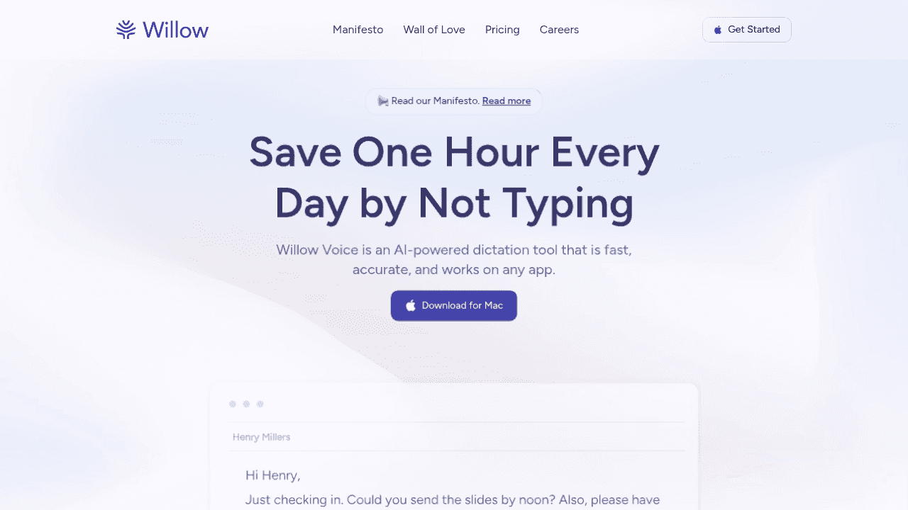Screenshot of Willow voice dictation software homepage showing enterprise-grade accuracy and simple user interface design
