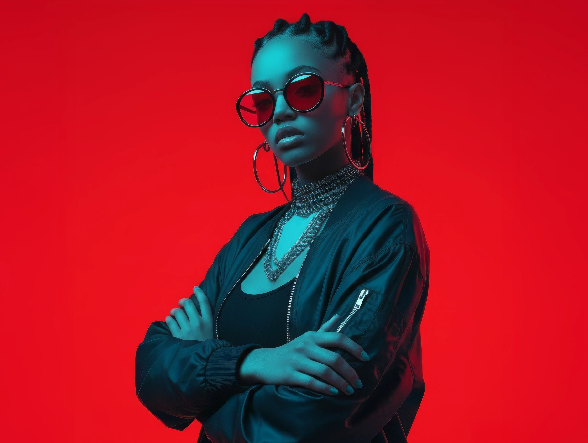 Portrait of a woman wearing sunglasses and hoop earrings against a red background