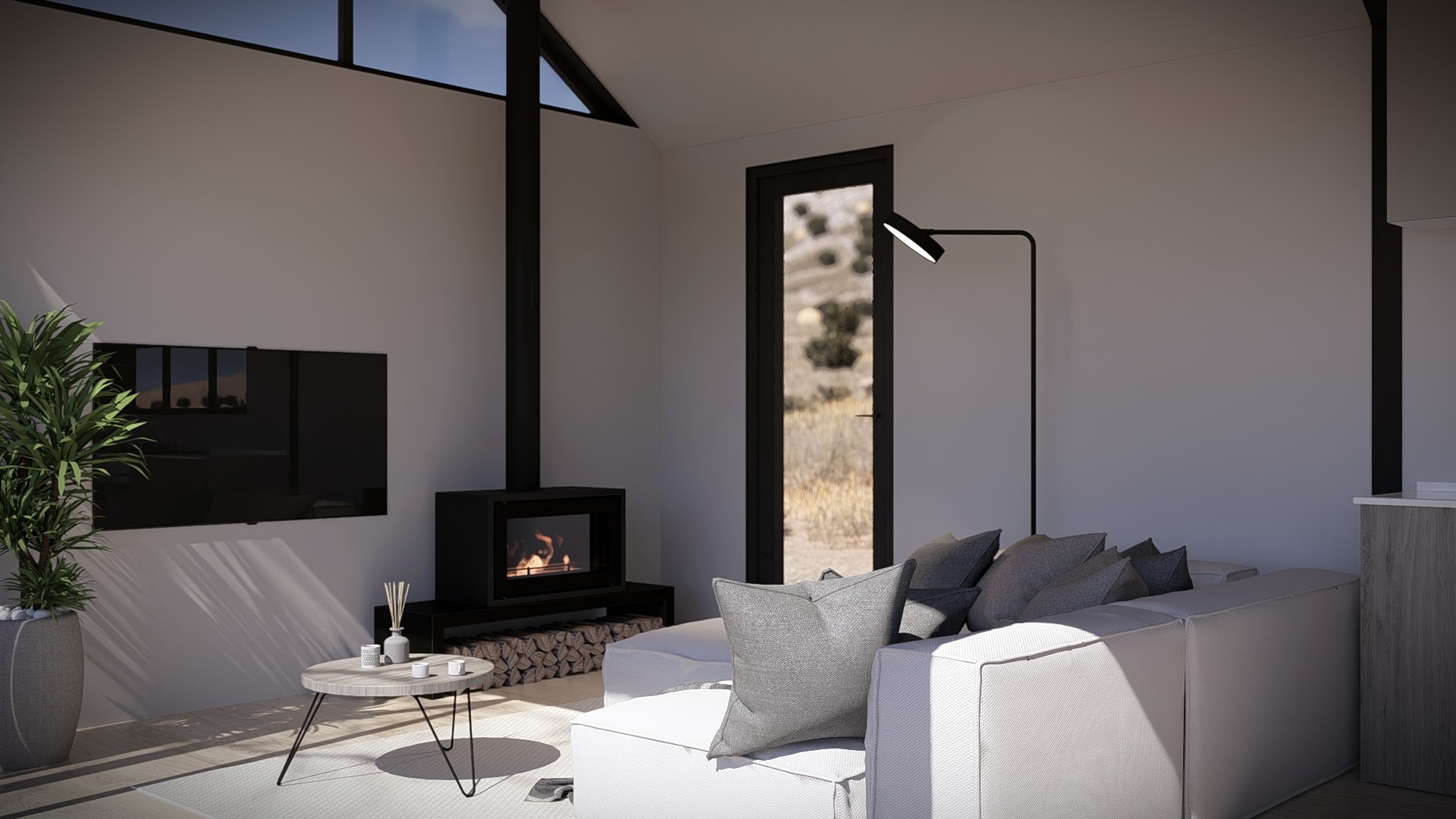 Lounge with white sofa, fireplace and floor-to-ceiling windows