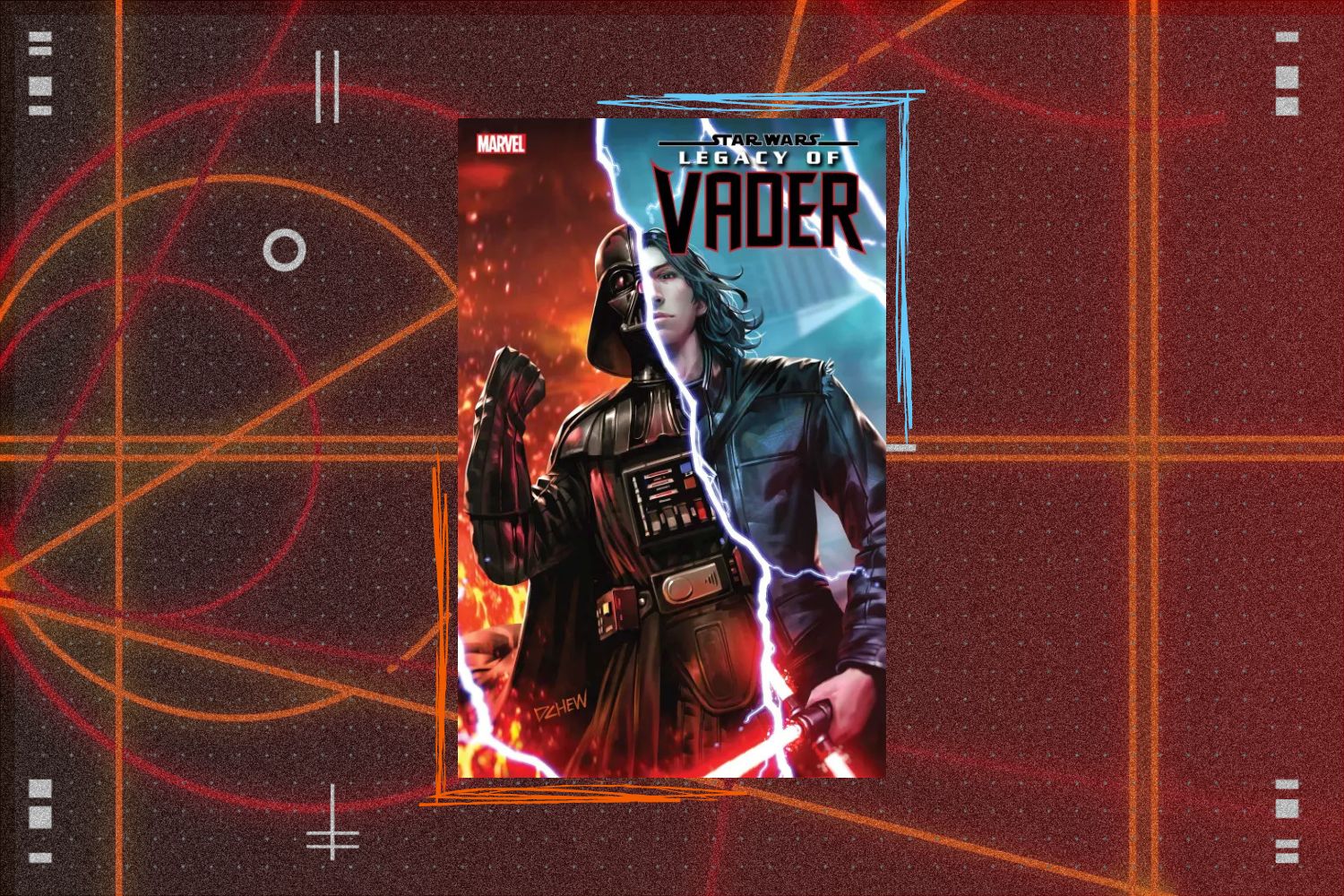 The cover for Marvel's Legacy of Vader #2 featuring a split image of Ben Solo and Darth Vader with a line of lightining separating their figures.