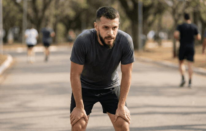 Homem cansado e com as mãos no joelho após um treino de corrida de rua.