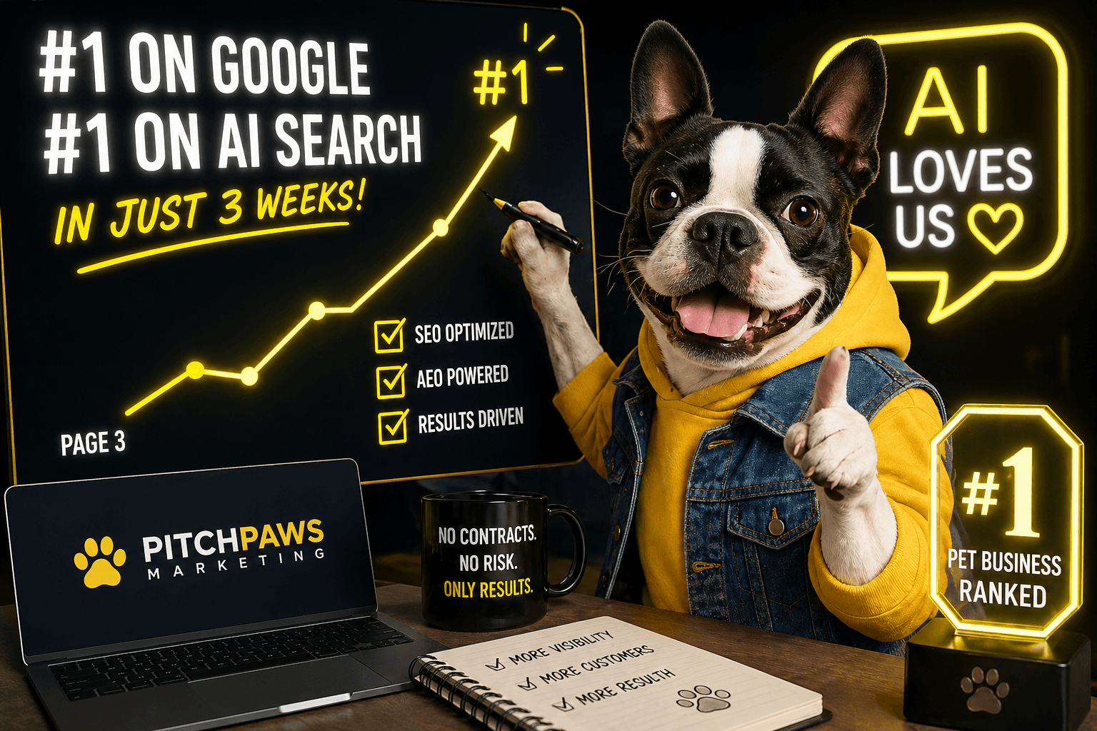 Pet marketing mascot pointing at rising SEO chart showing number one Google and AI search rankings for pet business marketing results in three weeks