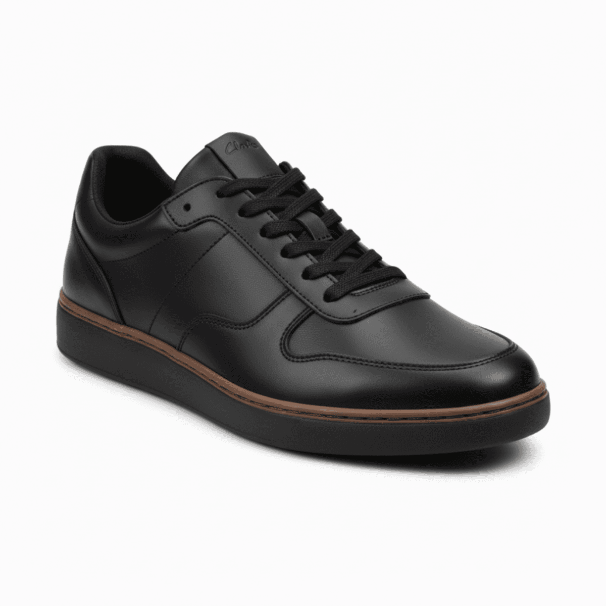 Corbell black leather men's casual sneaker with brown trim and lace-up closure.
