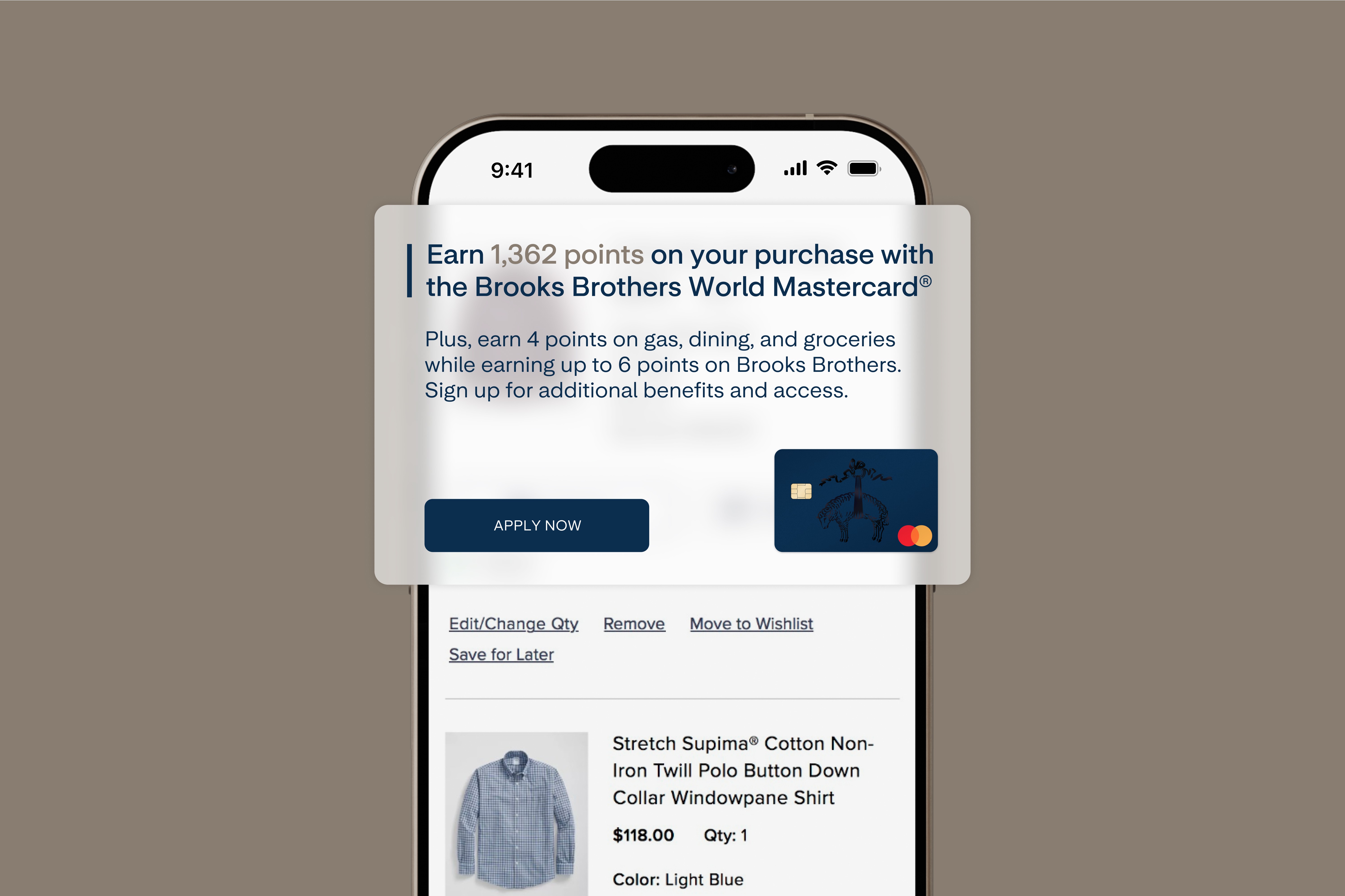 A mobile phone with an enlarged UI component that says “Earn 1,362 points on your purchase with the Brooks Brothers World Mastercard® credit card.”