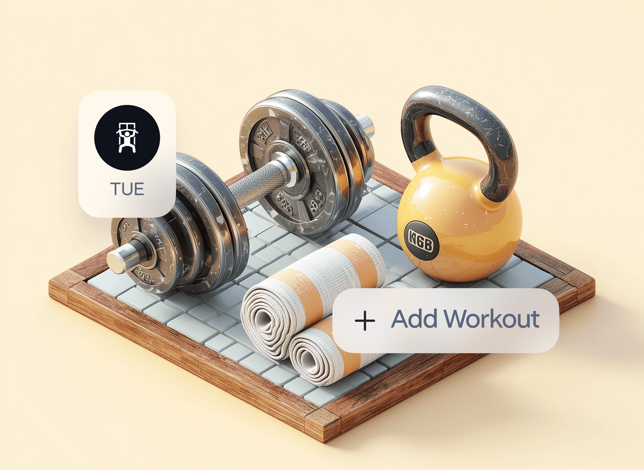 Loopday app concept showing dumbbells, kettlebell, and towel with an Add Workout button representing consistent gym habits.