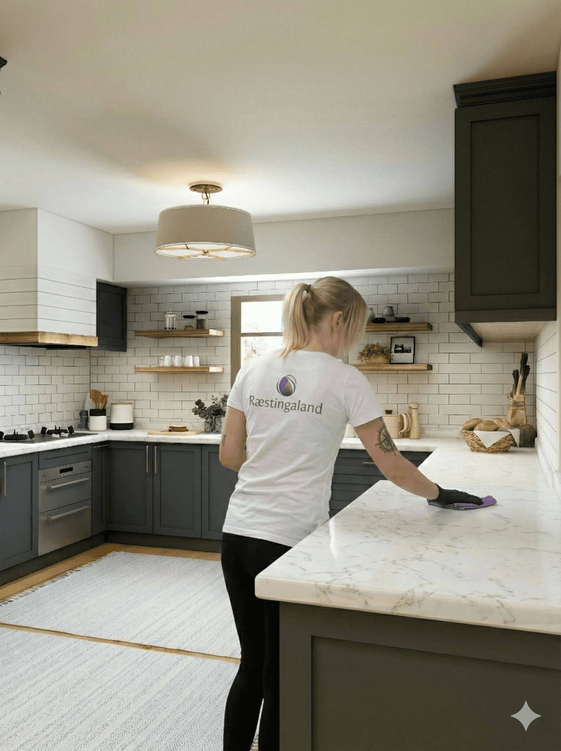 Starfsmaður að þrífa eldhúsborðplötu og vask á fallegu heimili.