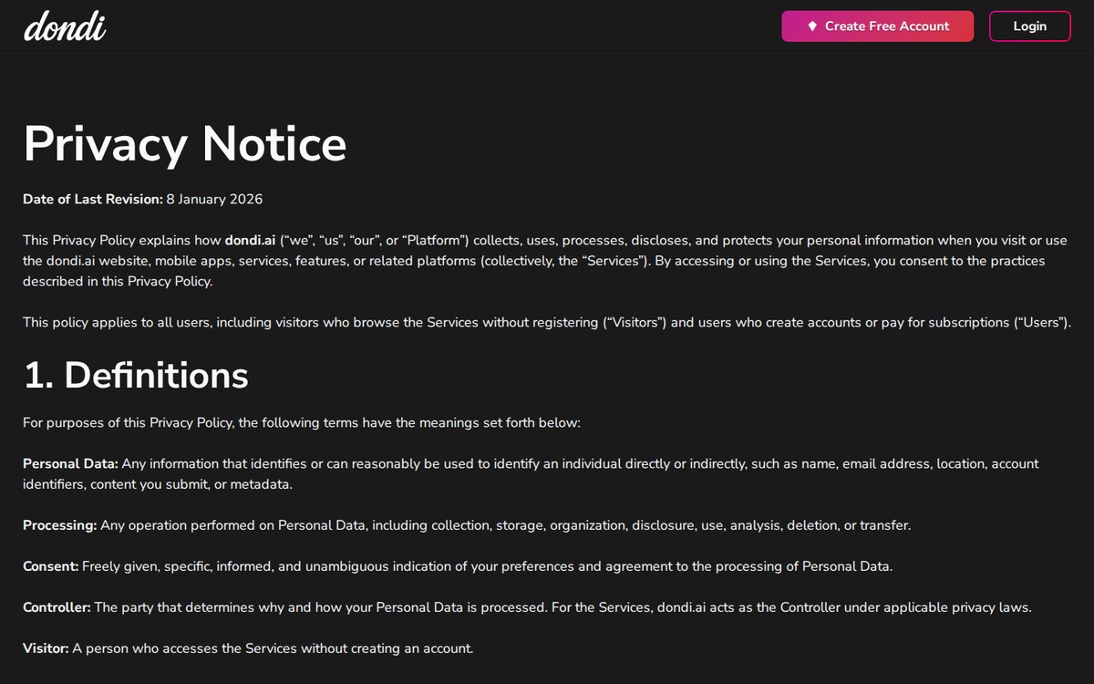 Dondi AI’s privacy notice, which allows prompts and outputs to be used for AI model training despite the homepage’s “zero-log” claim, September 2026.