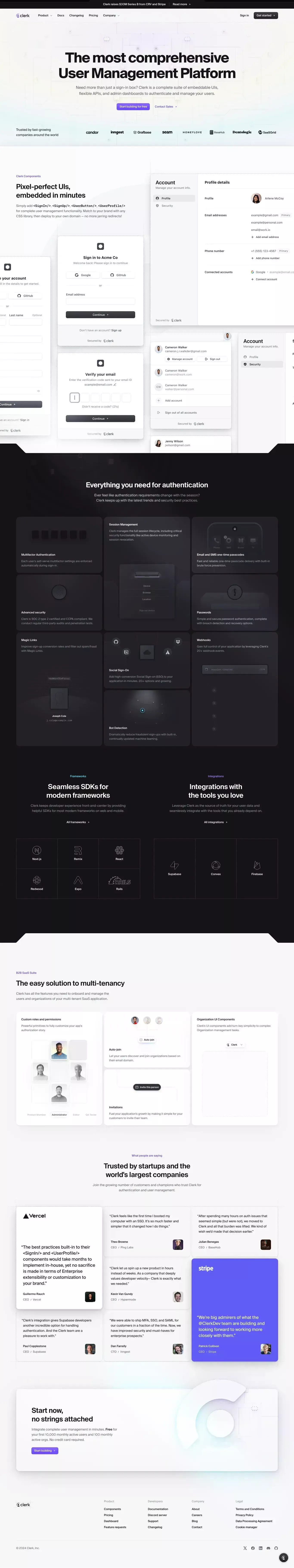 Clerk landing page screenshot showcasing Tech design