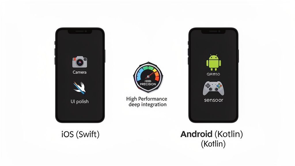 Infographic comparing iOS Swift and Android Kotlin app development, highlighting camera, UI polish, gaming, and sensor integration with high performance.