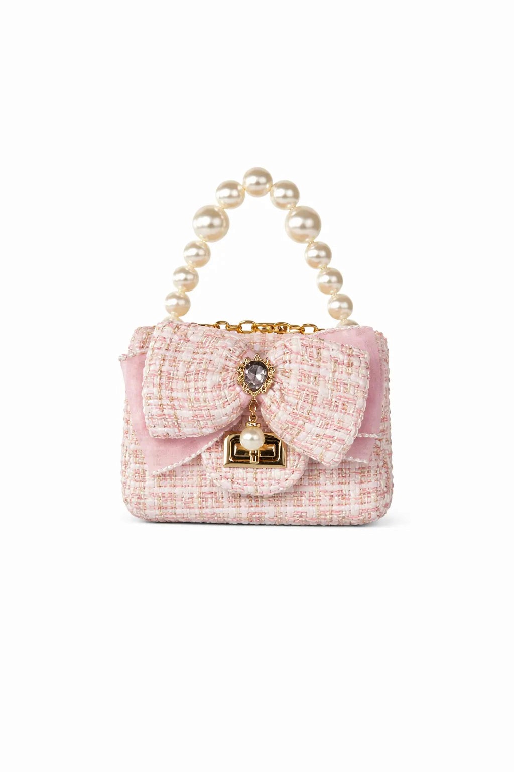 Woven Rose handbag with pearl handle and bow detail on a white background
