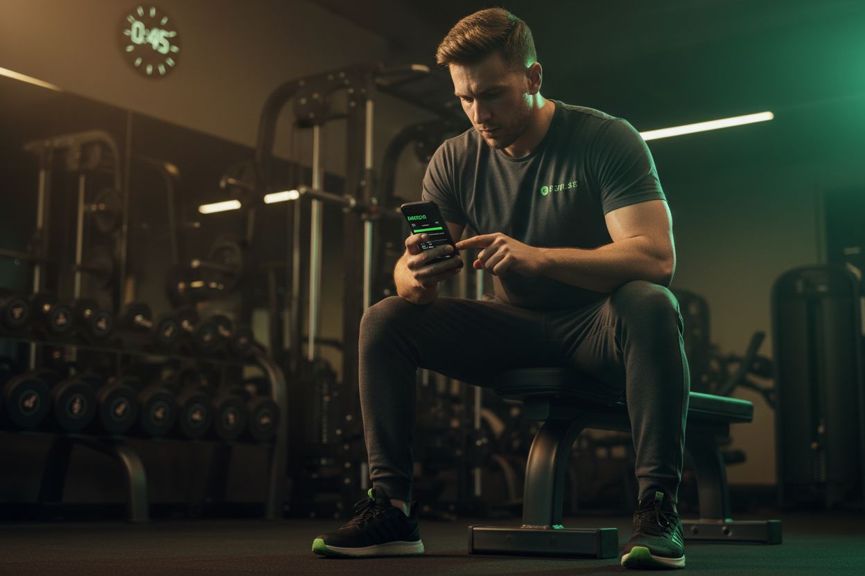 Persona registrando datos del entrenamiento en un teléfono en el gimnasio
