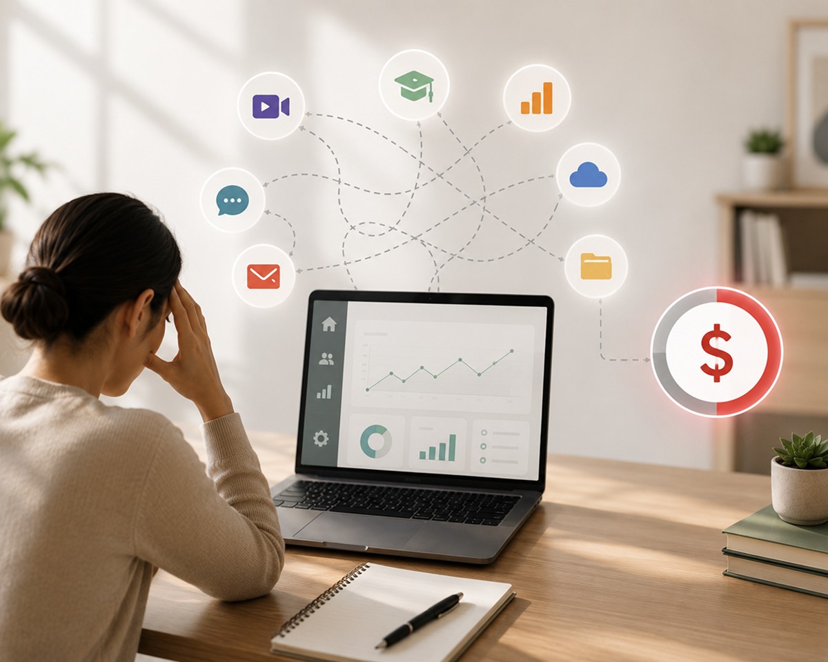 A frustrated educator surrounded by a tangled web of disconnected tools —  video, messaging, email, analytics, and file storage — all driving up  operational costs