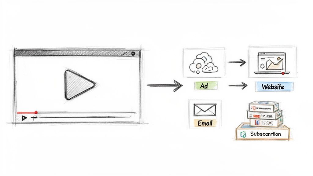 Diagram illustrating video content leading to ads, email marketing, websites, and subscription services.
