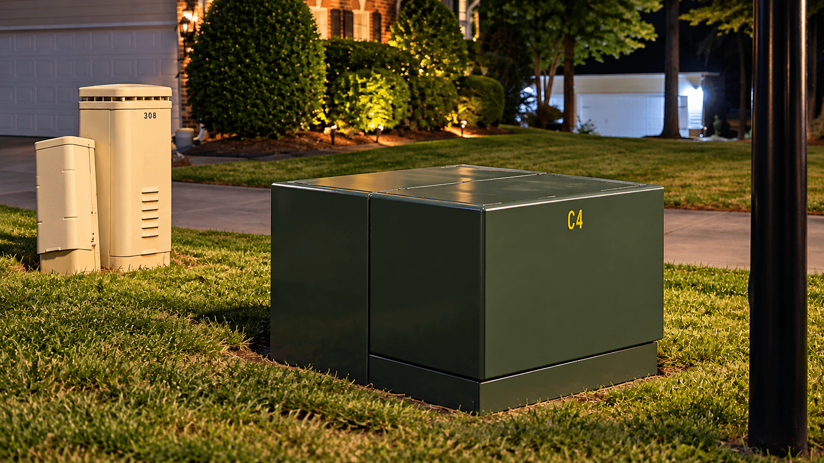 Freshly painted green metal utility enclosure in a residential yard