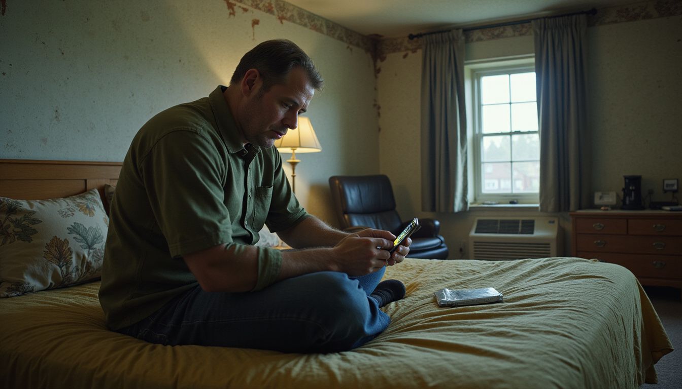 A weary man contemplates disappointing hotel reviews in a rundown room.