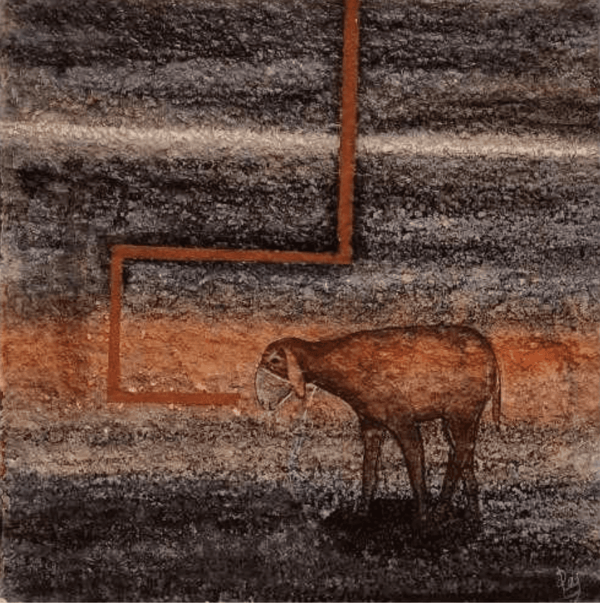 herd of sheep on road painting