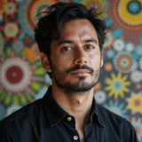 Headshot of a man with dark hair and a beard, wearing a black button-up shirt. He's standing in front of a colorful floral background.